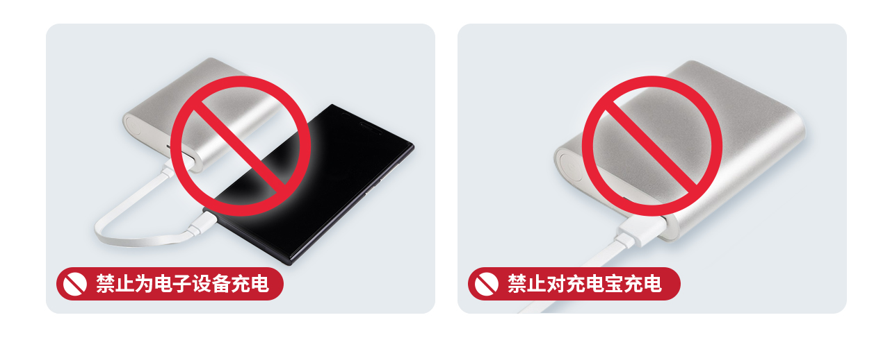 禁止使用充电宝为电子设备充电，也禁止为充电宝充电